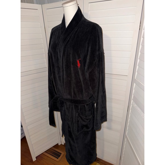 Polo Ralph Lauren Mens Black Velour Robe Wrap Tie Iconic Pony Logo Size L/XL - Picture 4 of 8